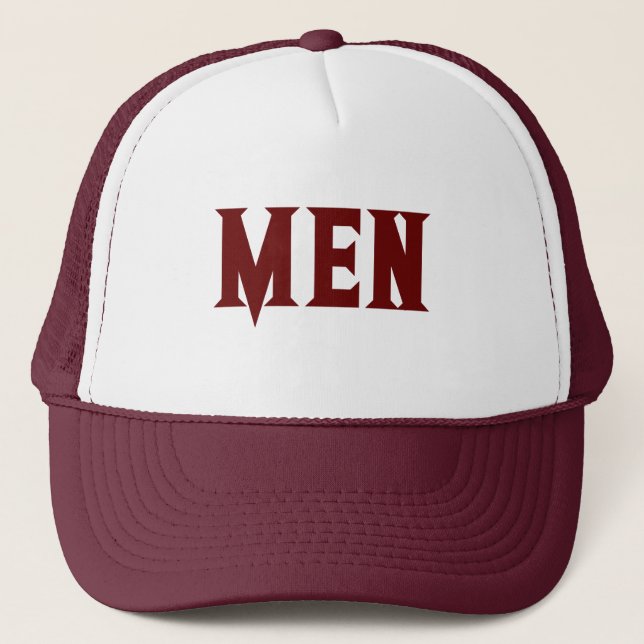 White and Maroon Colour MEN BOY MEN text  Trucker Hat (Front)