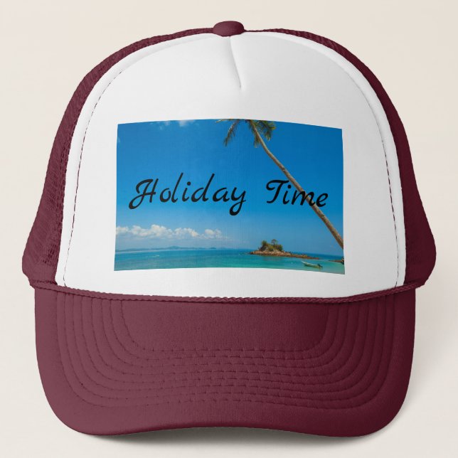 White and Maroon Holiday Time Text with Beach Trucker Hat (Front)