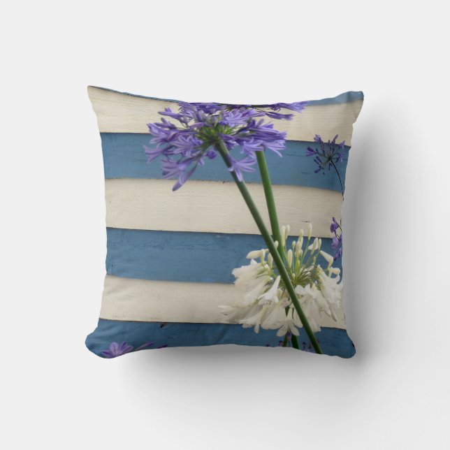 White And Mauve Allium Flowers On Stripes Cushion (Front)