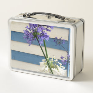 White And Mauve Allium Flowers On Stripes Metal Lunch Box