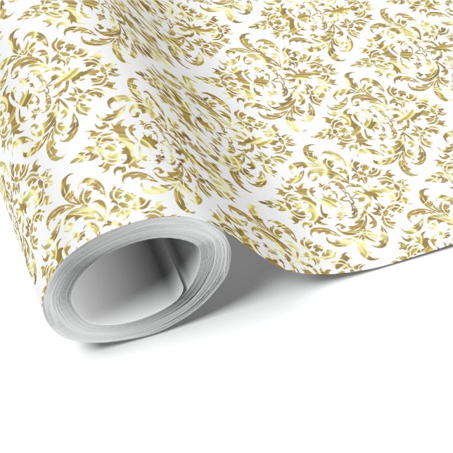 White And Metallic Shiny Gold Floral Damasks Wrapping Paper (Roll Corner)