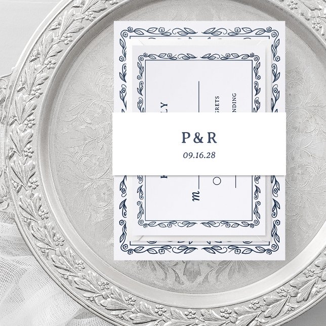 White and Midnight Blue | Simple Monogram Invitation Belly Band (Creator Uploaded)