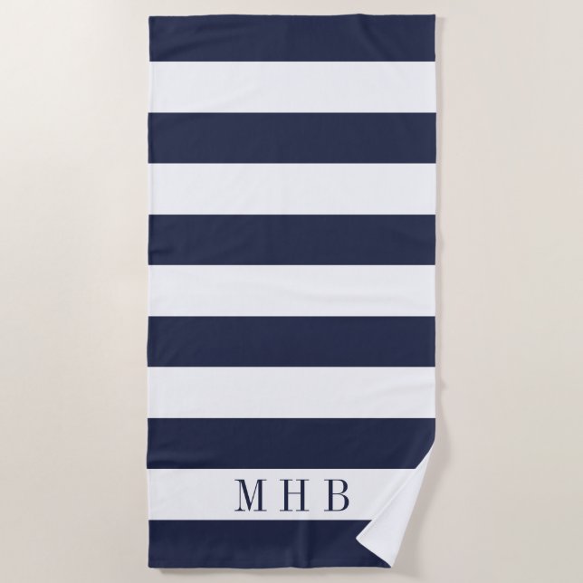 White and Midnight Blue Stripe and Monogram Beach Towel (Front)