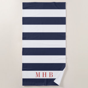 White and Midnight Blue Stripe and Red Monogram Beach Towel