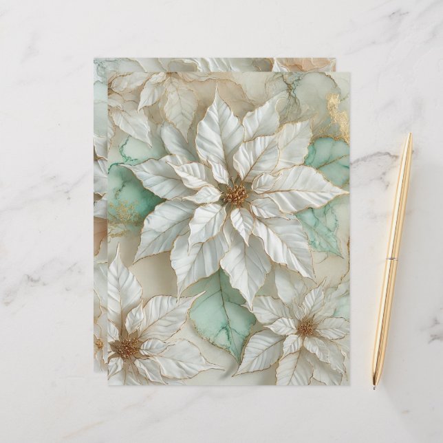 White and Mint Alcohol Ink Poinsettia Scrapbook (Front/Back In Situ)