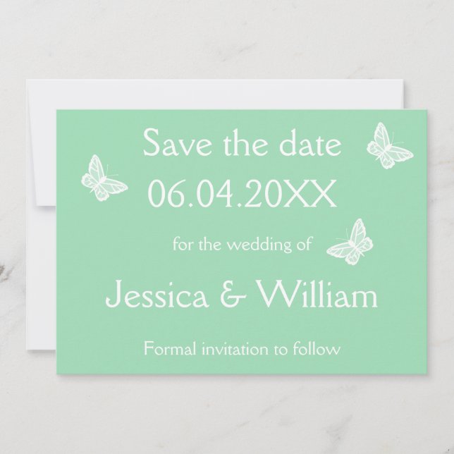 White And Mint Green Butterflies Save The Date (Front)