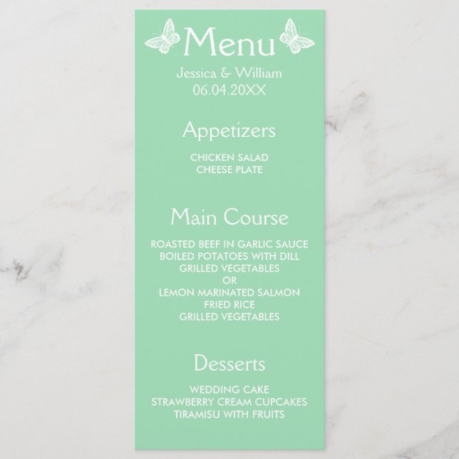 White And Mint Green Butterflies Wedding Menu (Front)