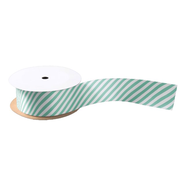 White and Mint Green Diagonal Stripes Satin Ribbon (Spool)