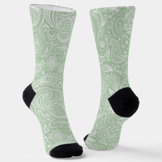 White and mint-green floral paisley pattern socks (Angled)