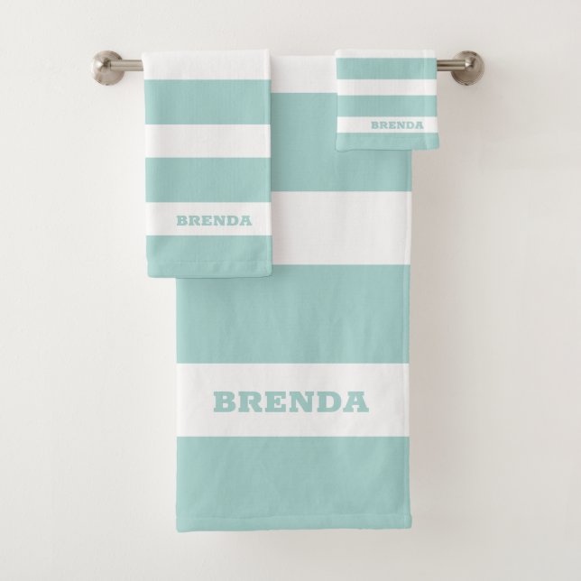 White and mint-green stripes pattern bath towel set (Insitu)