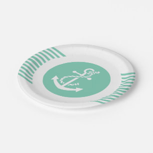 White And Mint Nautical Anchor & Stripes 2 Paper Plate