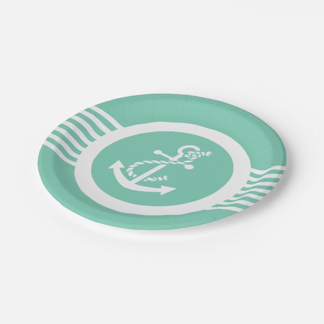 White And Mint Nautical Anchor & Stripes Paper Plate (Angled)