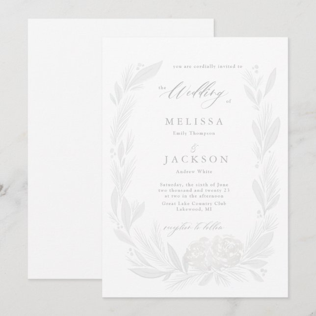 White and Mist Floral Wreath Wedding Invitation (Front/Back)