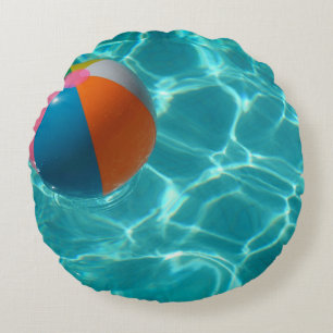 White and multicolored beach ball round cushion