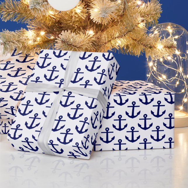 White and Navy Blue Anchors Pattern Wrapping Paper (Holidays)