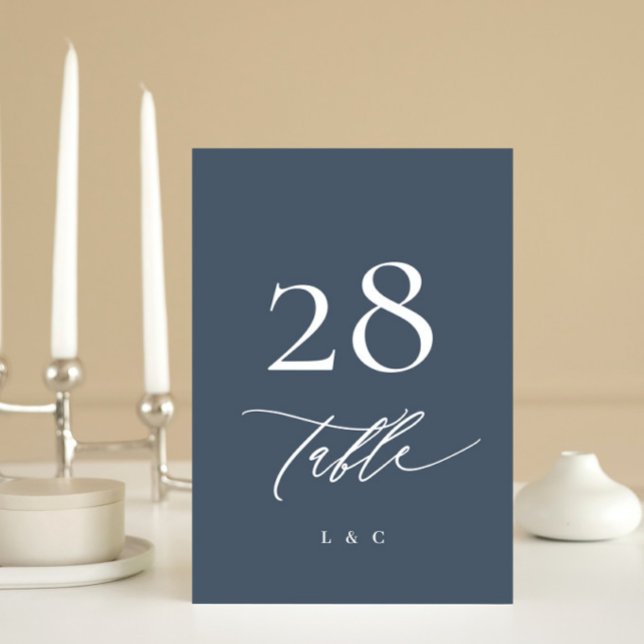 White and Navy Blue Calligraphy Modern Wedding Table Number (Creator Uploaded)