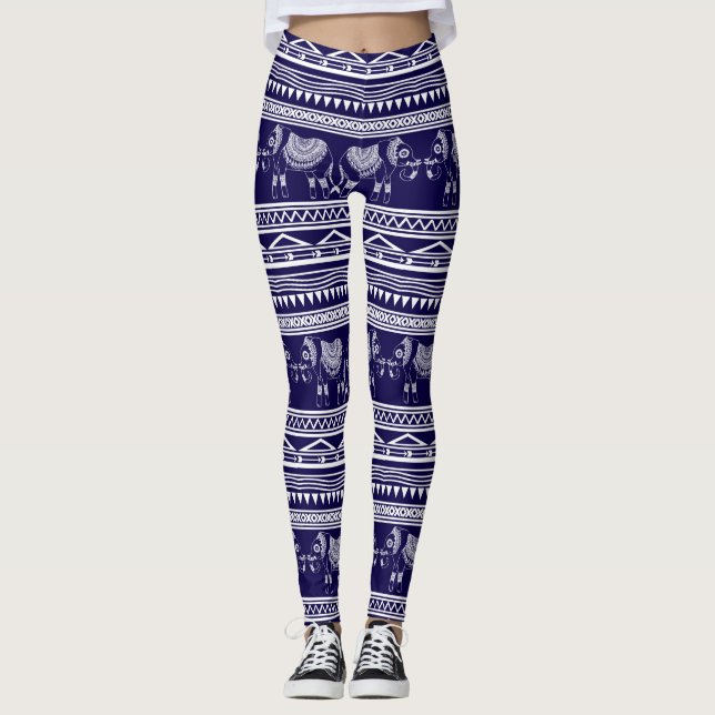 White and Navy Blue Elephant Tribal Pattern Leggings (Front)
