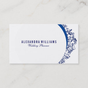 White And & Navy Blue Floral Swirl Lace Business Card