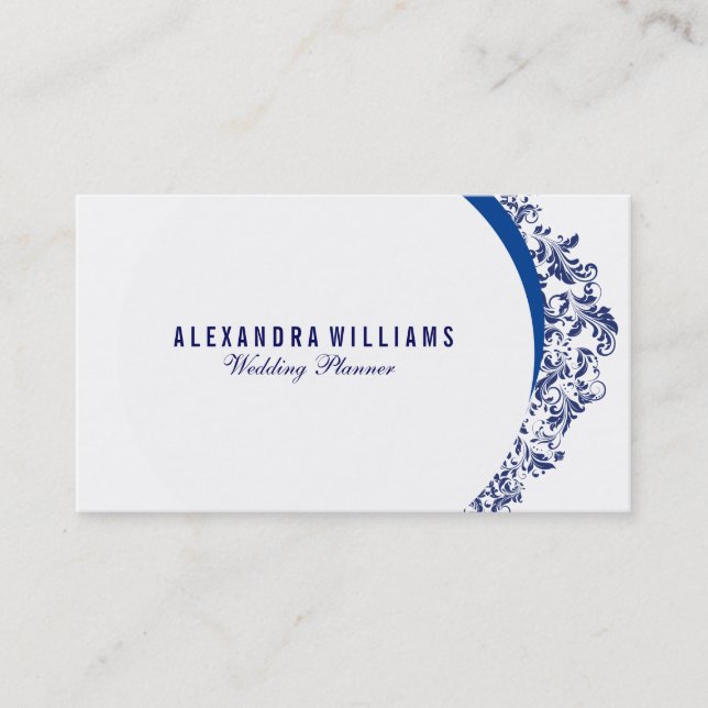 White And & Navy Blue Floral Swirl Lace Business Card (Front)