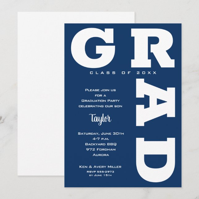 White and Navy Blue Graduation Party Invitation (Front/Back)