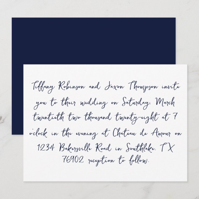 White and Navy Blue Handwritten Style Wedding Invitation (Front/Back)