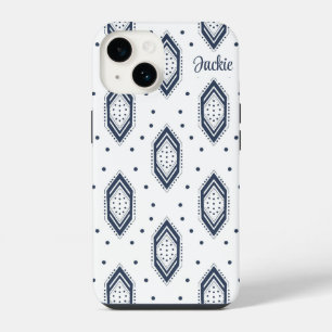 White and Navy Blue Hexagon Pattern iPhone 14 Case