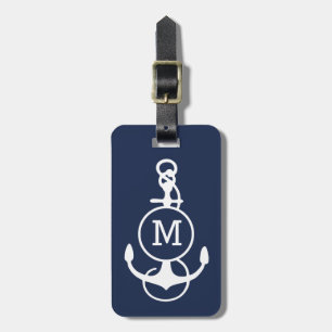 White And Navy Blue Nautical Boat Anchor Luggage Tag