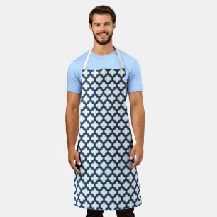 White and Navy Blue Trellis, Lattice, Quatrefoil Apron