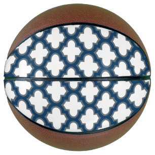 White and Navy Blue Trellis, Lattice, Quatrefoil Basketball