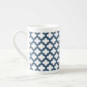White and Navy Blue Trellis, Lattice, Quatrefoil Bone China Mug