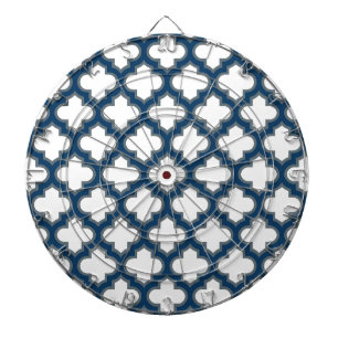 White and Navy Blue Trellis, Lattice, Quatrefoil Dartboard