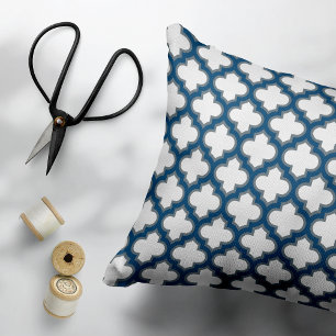 White and Navy Blue Trellis, Lattice, Quatrefoil Decorative Cushion