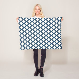 White and Navy Blue Trellis, Lattice, Quatrefoil Fleece Blanket