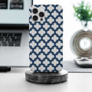 White and Navy Blue Trellis, Lattice, Quatrefoil iPhone 15 Pro Max Case
