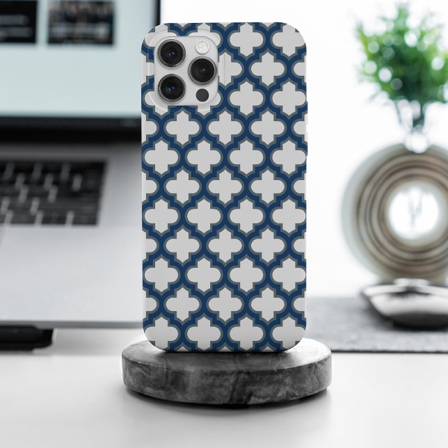 White and Navy Blue Trellis, Lattice, Quatrefoil iPhone Case (Creator Uploaded)