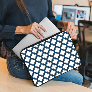 White and Navy Blue Trellis, Lattice, Quatrefoil Laptop Sleeve