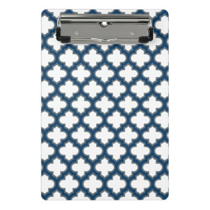 White and Navy Blue Trellis, Lattice, Quatrefoil Mini Clipboard