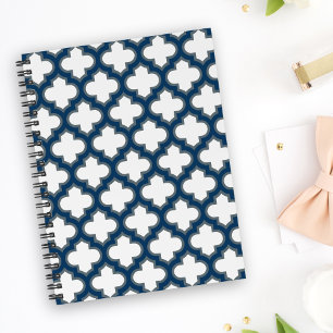 White and Navy Blue Trellis, Lattice, Quatrefoil Planner