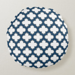 White and Navy Blue Trellis, Lattice, Quatrefoil Round Cushion
