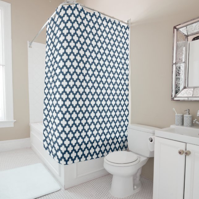 White and Navy Blue Trellis, Lattice, Quatrefoil Shower Curtain (In Situ)