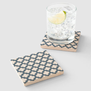 White and Navy Blue Trellis, Lattice, Quatrefoil Stone Coaster