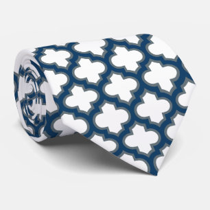 White and Navy Blue Trellis, Lattice, Quatrefoil Tie
