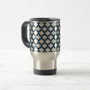 White and Navy Blue Trellis, Lattice, Quatrefoil Travel Mug