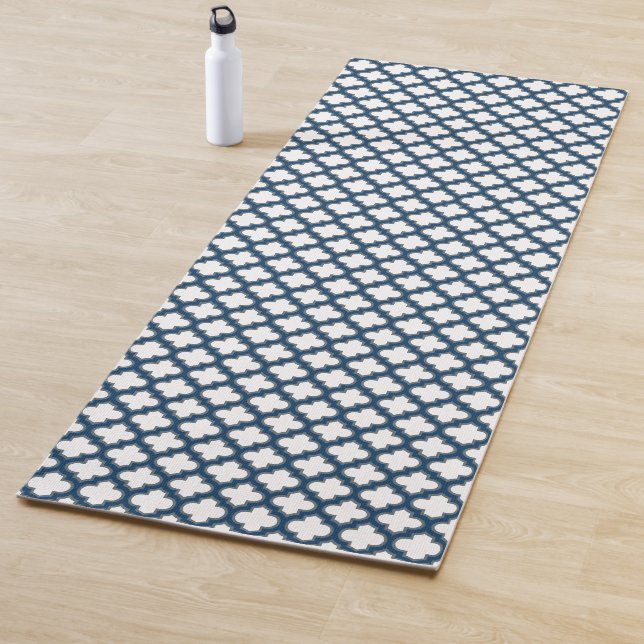 White and Navy Blue Trellis, Lattice, Quatrefoil Yoga Mat (In Situ)