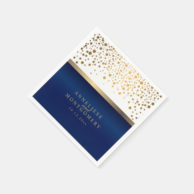 White and Navy Blue with Gold Confetti Dots Napkin (Corner)