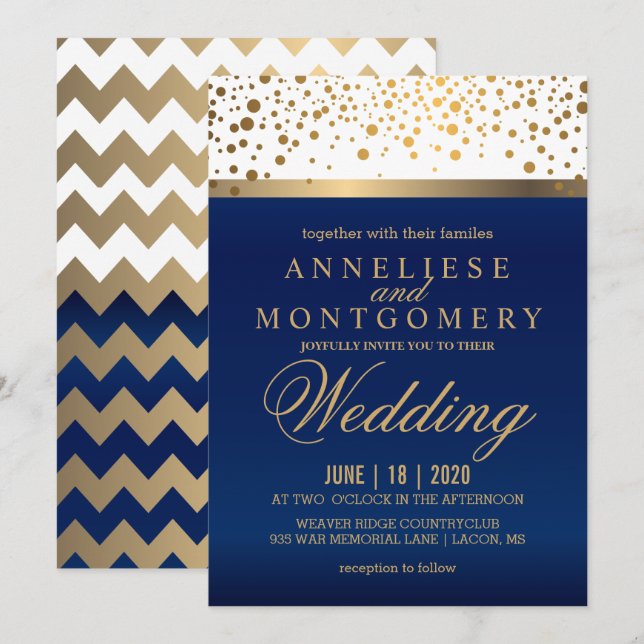 White and Navy Blue with Gold Dots - Invitation (Front/Back)