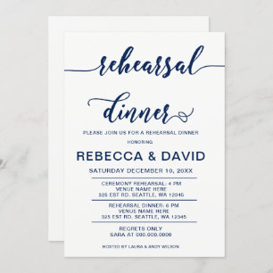 white and Navy Elegant Script Rehearsal Dinner Invitation