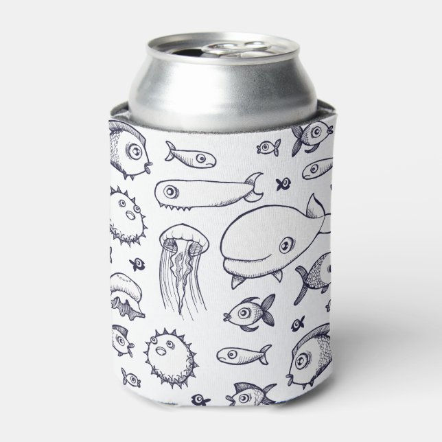White and Navy Fish Drawing Stubby Holder (Can Front)