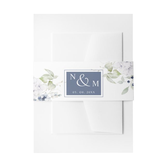 White and Navy Floral, Monogram Wedding Invitation Belly Band (Front Example)