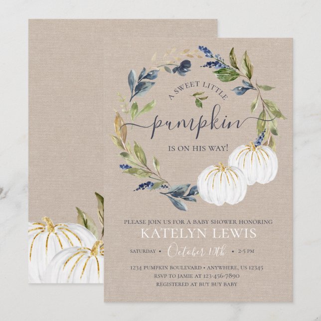White and Navy Pumpkin Baby Shower Invitation (Front/Back)